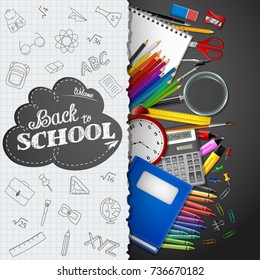 Vector illustration of School background with school supplies and paper on black background