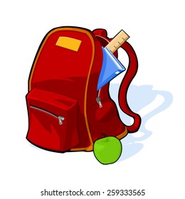 A vector illustration of a school backpack with book and ruler. Back to school. School bag.