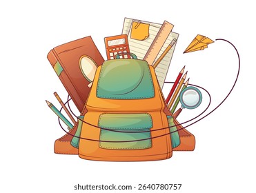 Vector illustration of a school backpack with book, papers, pencils, pen, ruler, and magnifying glass isolated on white. Colorful composition on education, back to school, and studying.