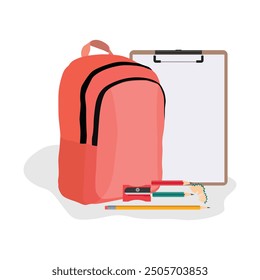 Vector illustration of school backpack. Cartoon flat style back to school concept. Colorful bag for educational, university equipment, stationary Children education supply
