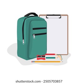 Ilustración vectorial de mochila escolar. Estilo plano de dibujos animados de regreso al concepto de la escuela. Bolso colorido para la educación, equipo universitario, fuente fija de la educación de los niños