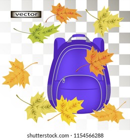 Vector illustration of school backpack for College student textbooks, autumn maple leaves red and yellow.