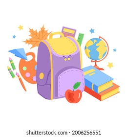 Vector illustration of a school backpack with subjects for study: globe, books, crayons, palette, paintbrush, calculator, apple.
