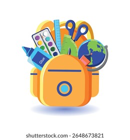 Vector Illustration School Backpack with Supplies Isolated on White Background with Shadow. Back to School Backpack Globe, Glue, Paint, Rulers, Scissors. Cute Flat Print for Textile, T-Shirts, Web.