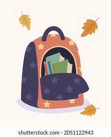 Vector Illustration School Backpack With Textbooks, Books, Pencils, Autumn Leaves. Backpack Icon. Open Backpack With Books. Backpack With Pockets. Time Go School. Bag For College, Back To School.