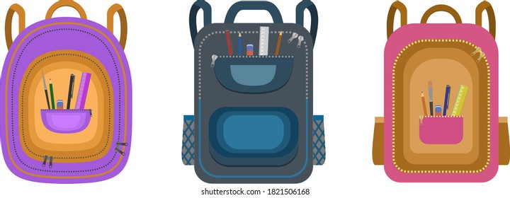 Vector illustration of school backpacks with accessories.