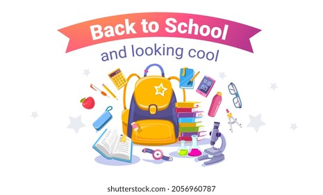 Vector illustration of school bag with book, microscope, phone and stationery on light background with text back to school. Bright color design for web, site, banner, poster