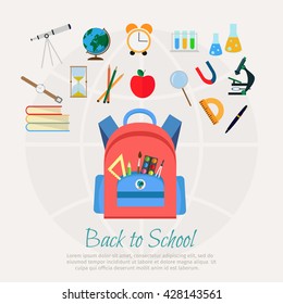 Vector illustration of school bag with education objects background