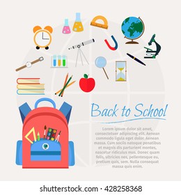 Vector illustration of school bag with education objects background