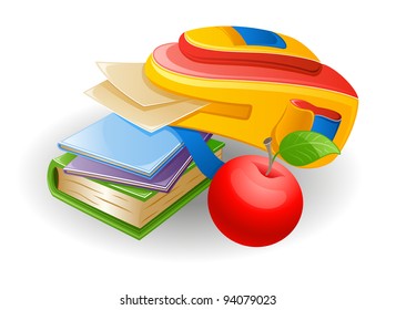 Vector illustration of school bag: notebook, book, paper and apple on white background.