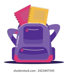 Ilustración vectorial de un bolso escolar con un cierre abierto y libros encima
