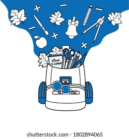 Ilustración vectorial con bolso escolar, bolígrafo, lápiz, pinturas, borde. De vuelta al concepto escolar.  Ilustración vectorial para banner, plantilla Sitio web de educación, página de inicio, publicidad en venta