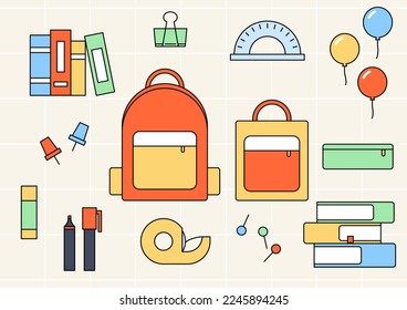 Vektorgrafik von Schultasche und Schreibwaren.