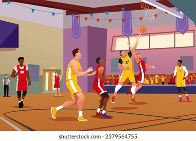 A vector illustration of School Basketball Competition  Playing in a Gym