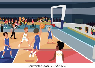 A vector illustration of School Basketball Competition with Band Playing in a Gym 