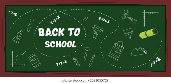 Ilustração vetorial de escola blackboard.Cartoon cena de uma escola blackboard com inscrições de giz,desenhos,limpador:de volta à escola, exemplos matemáticos, gráficos, lápis caso, tesoura, borracha, pincel, pintura.