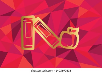 Vector Illustration of School Book and Apple Icon with Red Polygon and Geometric. Graphic Design for Template, Layout, Background, Poster and More.