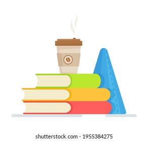 Vector illustration of school book concept with coffee and cone. Reading, education, and knowledge. E-book, literature, encyclopedia. Geometry books. 