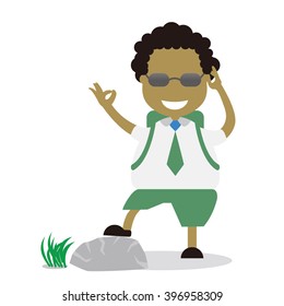 Vector illustration - school boy in green uniform sets with different poses