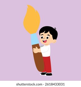 Vector Illustration of School Boy Holding Big Brush with happy Face in Flat Style Cartoon