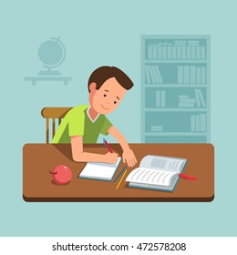 Vector Illustration School Boy Kid Sitting At The Desk And Doing His Homework. Flat Concept Back School