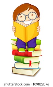 vector illustration of school boy reading on pile of books