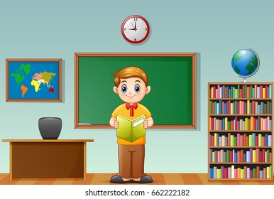 Vector illustration of School boy reading a book in classroom