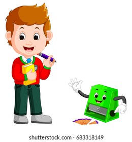 vector illustration of School boy with sharpener cartoon