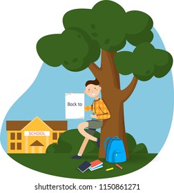 Vector illustration. School boy show a blank poster with text. School bag, school building