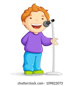 vector illustration of school boy singing in mike