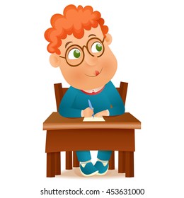 vector illustration of school boy sitting at table. Isolated over white