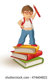 Vector illustration of a school boy standing and holding a red pencil on the book stack.