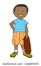 Vector illustration of school boy together with his skateboard in the park, school, house with his friends