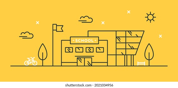 Vector illustration with school building and bicycle parking. Linear icon of educational institution for children. Frontal view. Laconic modern style for websites, banners and flyers.