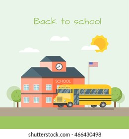 Vector illustration of school building and bus. Back to school concept. 