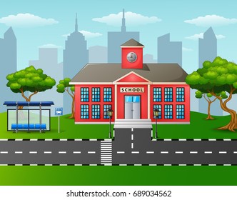 Vector illustration of School building with bus stop