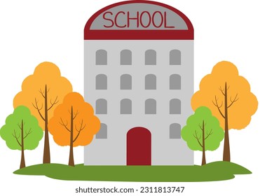Vector illustration of school building and colourful trees in autumn season. Back to school template design