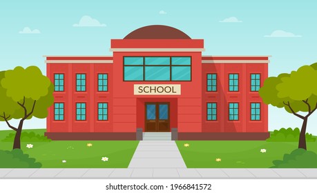 Vector illustration of school building facade. Green grass and trees. Public educational institution exterior.