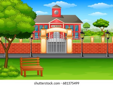 Vector illustration of School building and green lawn