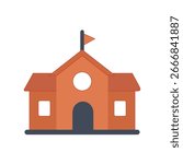 Vector illustration of a school building icon with flag. Simple flat design for education, learning, classroom, university, campus, and academic concept.
