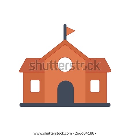 Vector illustration of a school building icon with flag. Simple flat design for education, learning, classroom, university, campus, and academic concept.