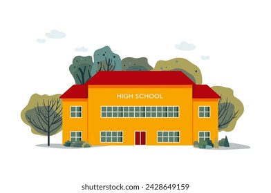 A vector illustration of school building surrounded by trees