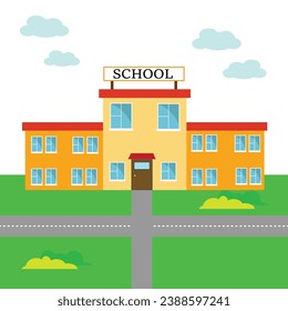 Ilustración vectorial de la construcción escolar. Bienvenidos de vuelta a la escuela. Edificios para la construcción de la ciudad. Estilo plano. Eps 10