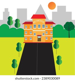 Ilustración vectorial de la construcción escolar. Bienvenidos de vuelta a la escuela. Edificios para la construcción de la ciudad. Estilo plano. Eps 10