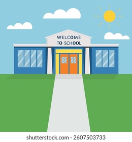 Vector illustration of a school building with a "Welcome to School" sign above the entrance, featuring a pathway, green lawn, and a sunny sky with clouds. Ideal for education and back-to-school themes
