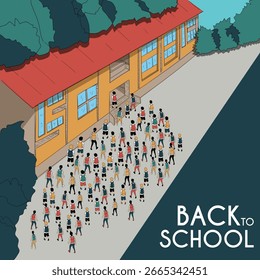 Vector illustration of a school building with SCHOOL wording on it and people walking towards the entrance with trees surroundings.