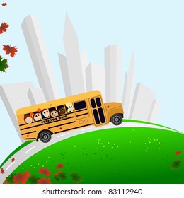  Vector illustration of a school bus, buildings, and maple leaves