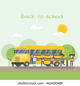 Vector illustration of school bus and children. Back to school concept. 