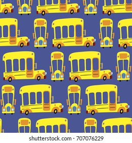 Vector illustration with school bus for children. Cartoon seamless pattern on a blue background. It can be used for backgrounds, surface textures, wallpapers, pattern fills.
