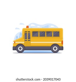 vector illustration of a school bus decorated with city scenery illustration elements as a background in the theme of public transportation illustration for schools